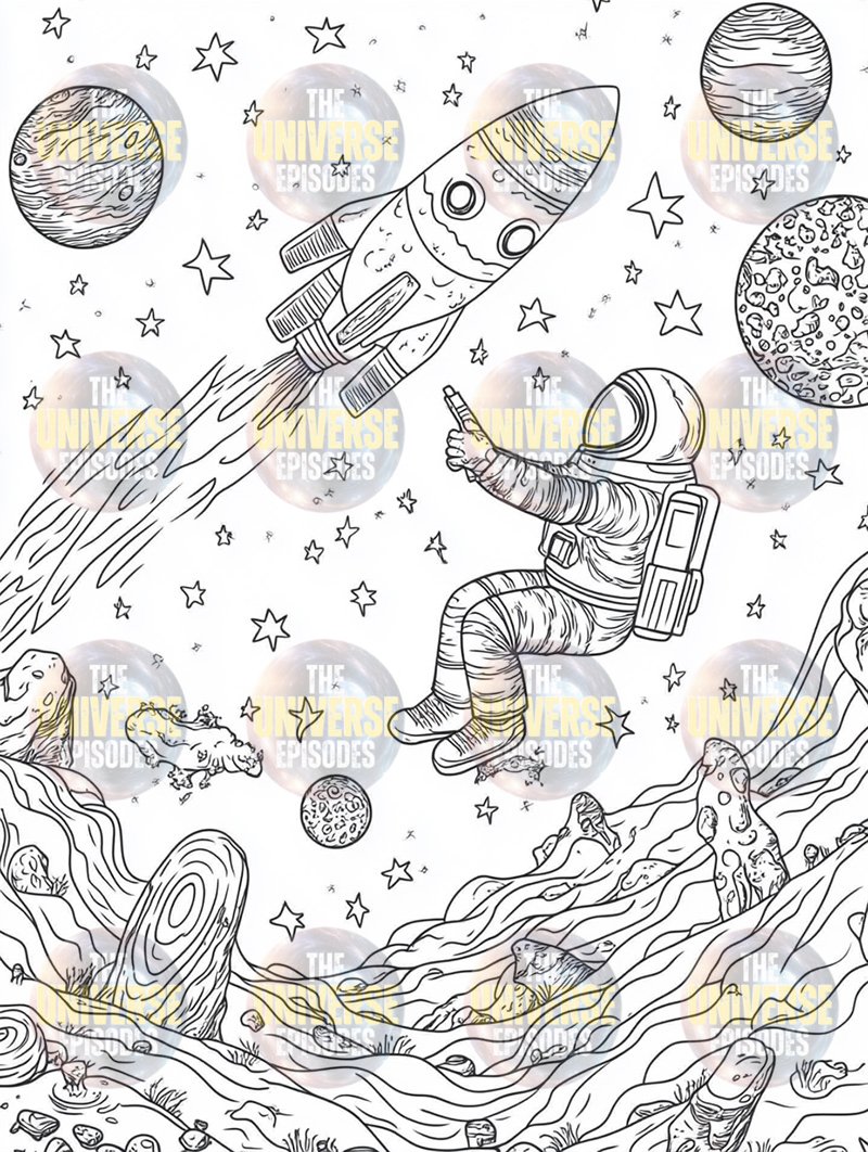 An astronaut points at a rocket surrounded by stars and planets in a line drawing ready for coloring. The Free Galaxy Space Coloring Pages offer 37 digital files for download, inviting explorers to unleash their creativity.