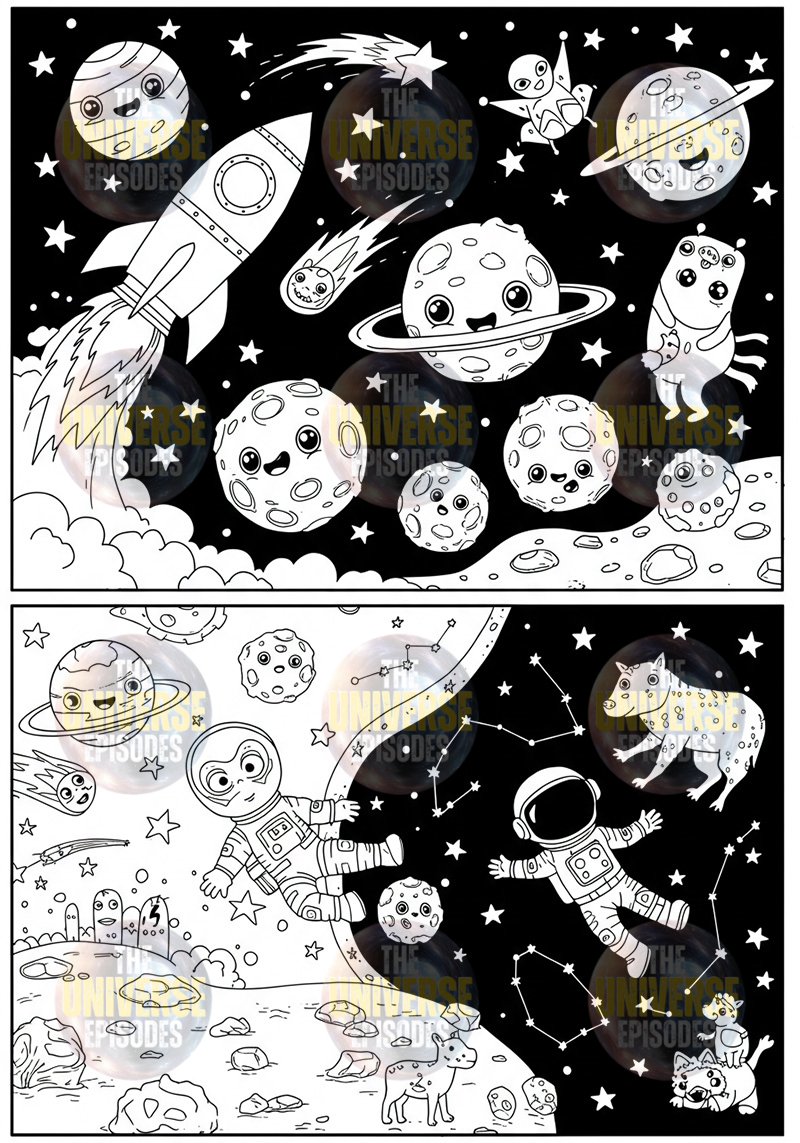 Discover a whimsical galaxy scene with astronauts, planets, rockets, and animals. The upper panel captures cosmic wonders while the lower reveals astronauts with animals on the moon. Ideal for black and white coloring pages or as digital files from our "Free Galaxy Space Coloring Pages | 37 Digital Files Download.