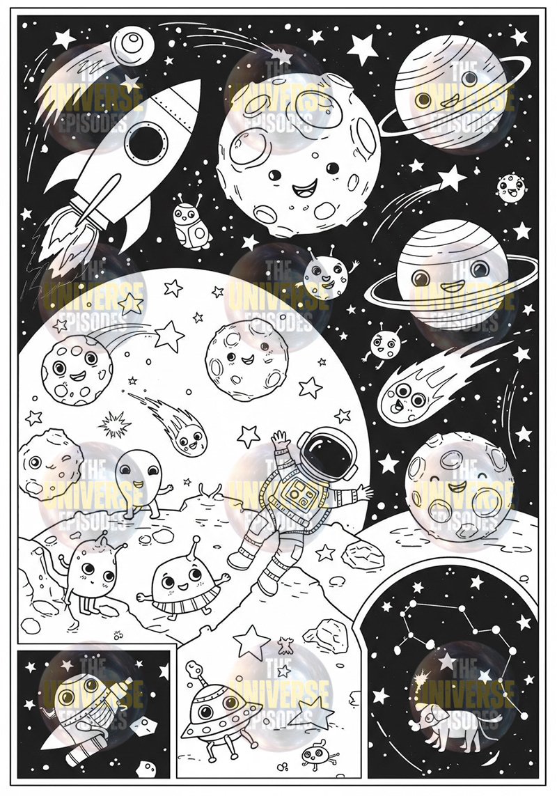 Discover a whimsical galaxy scene with a cartoon rocket and astronaut navigating planets and stars. Cute aliens float among fun space objects on a deep black backdrop. Perfect for kids, these scenes are available as free downloads with the Free Galaxy Space Coloring Pages | 37 Digital Files Download!.
