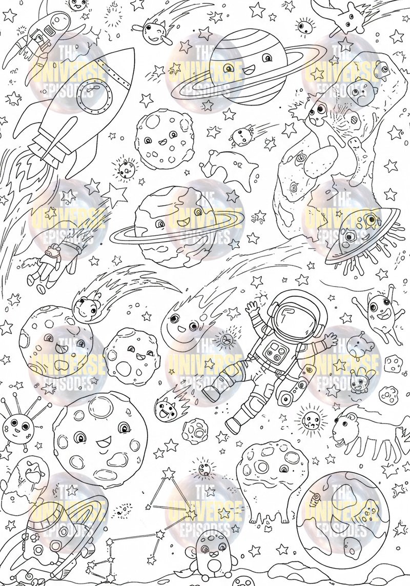 A doodle-style space-themed illustration with rockets, astronauts, planets, and aliens against a starry backdrop. Perfect for fans of the Free Galaxy Space Coloring Pages or anyone who loves downloading all 37 Digital Files to ignite creativity.