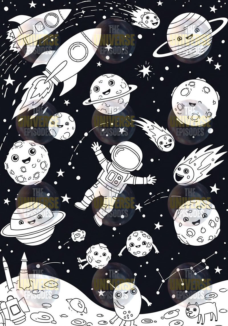 The "Free Galaxy Space Coloring Pages" include 37 digital files showcasing a whimsical cartoon space scene with planets, comets, a rocket, and an astronaut floating joyfully in a vibrant galaxy. Perfect for sparking creativity and imagination in coloring activities.
