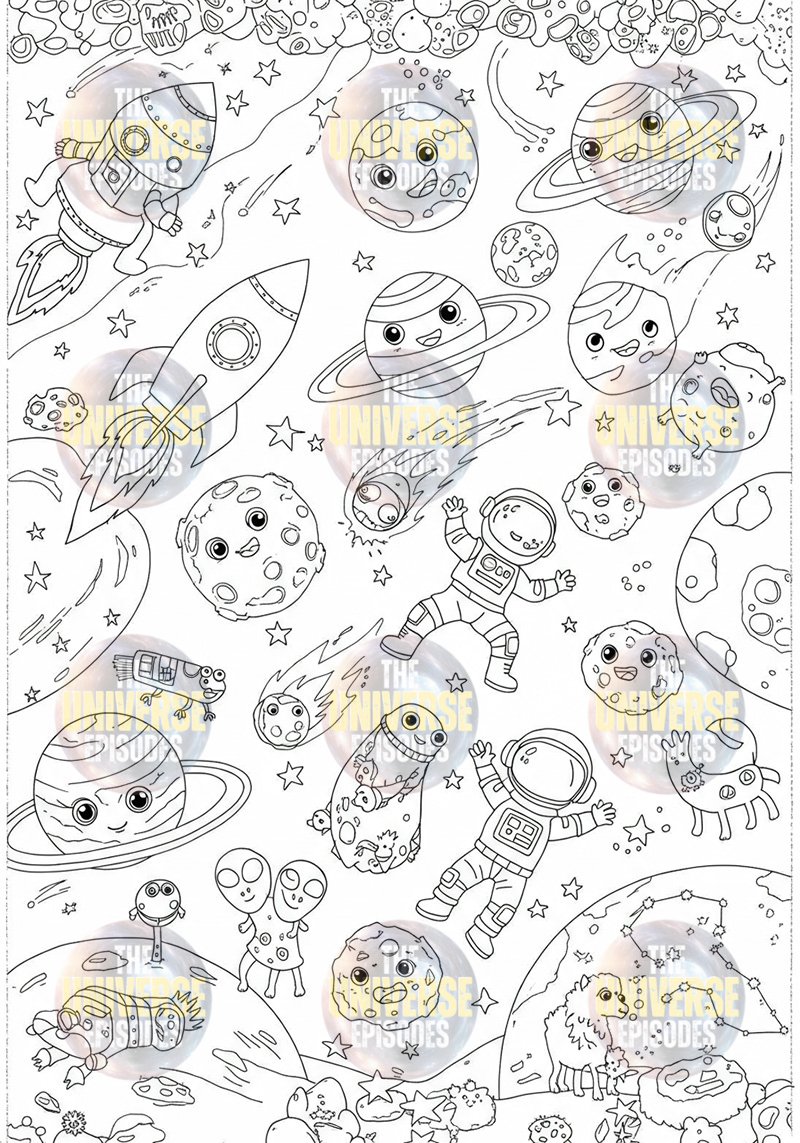 Discover 37 digital cartoon space-themed coloring pages featuring astronauts, rockets, smiling planets, UFOs, and aliens. Enjoy these black-and-white illustrations of galactic mysteries as free downloads!.