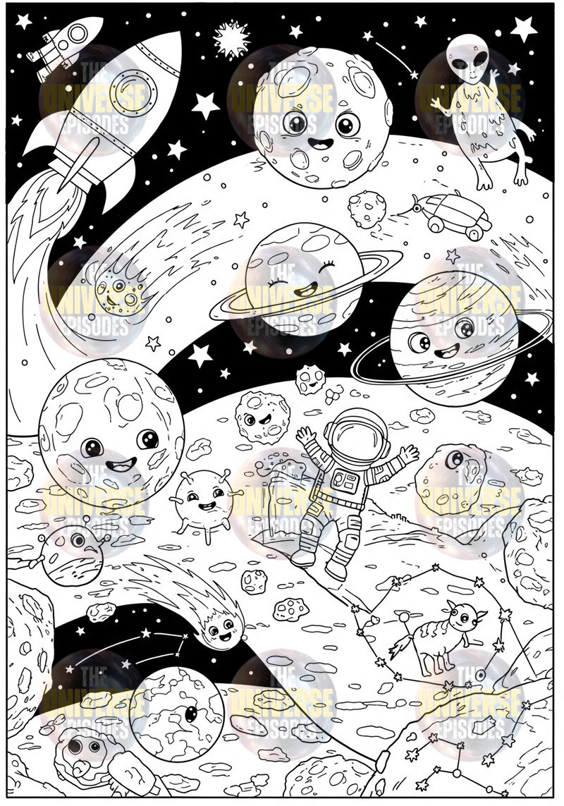 Explore a delightful Galaxy Space Coloring Page featuring cartoon planets, smiling asteroids, a rocket, and playful aliens. An astronaut navigates the starry black sky. Perfect for those seeking a fun digital files download from the Free Galaxy Space Coloring Pages | 37 Digital Files Download collection!.