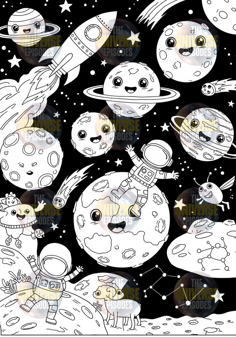 Cartoon-style illustrations of smiling astronauts, planets, and space objects feature a rocket flying among stars on a black background. Perfect for anyone seeking galaxy-themed coloring fun with the "Free Galaxy Space Coloring Pages | 37 Digital Files Download.