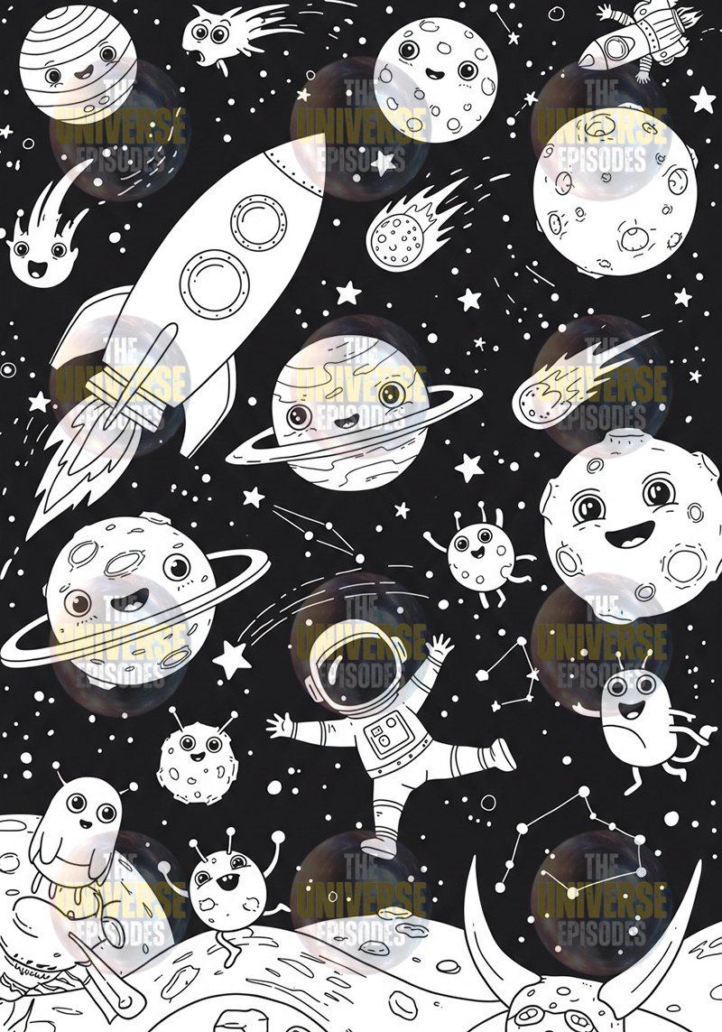 Explore a whimsical cartoon galaxy scene with planets, comets, and celestial characters. Watch a rocket soar past an astronaut against a starry backdrop. Perfect for enthusiasts of Free Galaxy Space Coloring Pages, offering 37 digital files for download.