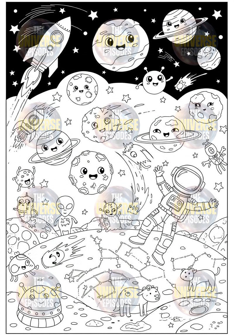 Vibrant cosmic illustrations featuring an astronaut, aliens, and planets with faces. Includes a rocket, stars, and a comet. Ideal for fans of Free Galaxy Space Coloring Pages available as 37 digital files download.