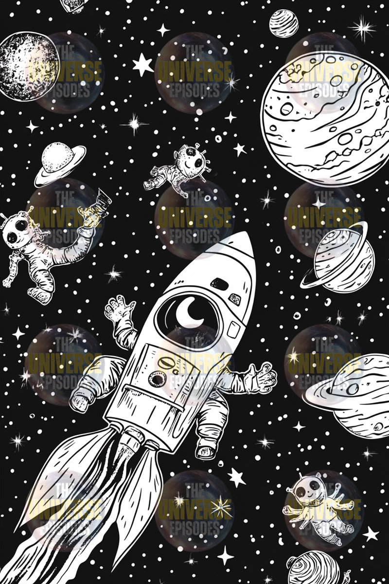 Cartoon astronauts and a spaceship drift through a galaxy filled with vibrant planets and stars on a black background. Discover this scene with our Free Galaxy Space Coloring Pages, featuring 37 digital files for creative coloring adventures.