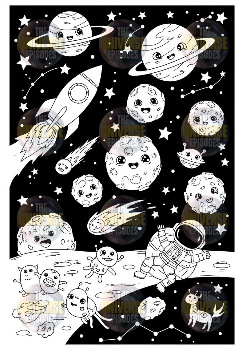Dive into a whimsical black-and-white cartoon space scene featuring planets, rockets, and astronauts with cheerful faces among comets. Perfect for fans of Galaxy Space Coloring, this set offers 37 downloadable digital files for free coloring.
