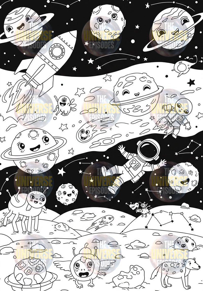 Discover 37 charming black and white space-themed illustrations featuring planets, stars, an astronaut, a rocket, and cute alien creatures in the Free Galaxy Space Coloring Pages digital download. Perfect for exploring your creative universe!.