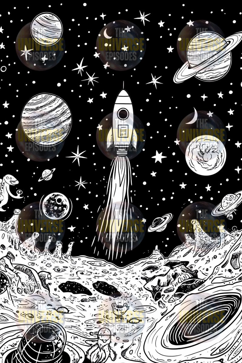 A rocket launching into space amid planets, stars, and a lunar scene offers black-and-white charm in this whimsical illustration. Ideal for enthusiasts of Free Galaxy Space Coloring Pages or as a creative exploration Free Coloring Page from the 37 digital files download.