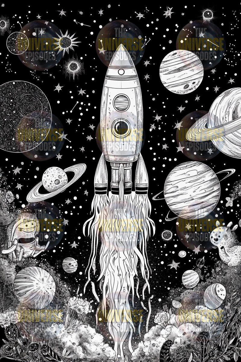 Download the "Free Galaxy Space Coloring Pages" featuring a stunning black-and-white rocket launching into a starry galaxy, surrounded by planets and an astronaut. Includes 37 digital files.
