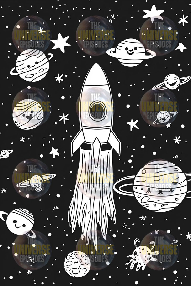 A cartoon rocket floats among smiling planets and stars on a black background, forming a whimsical galaxy scene. Ideal for creativity in coloring adventures, the "Free Galaxy Space Coloring Pages" offer 37 digital files available for free download.
