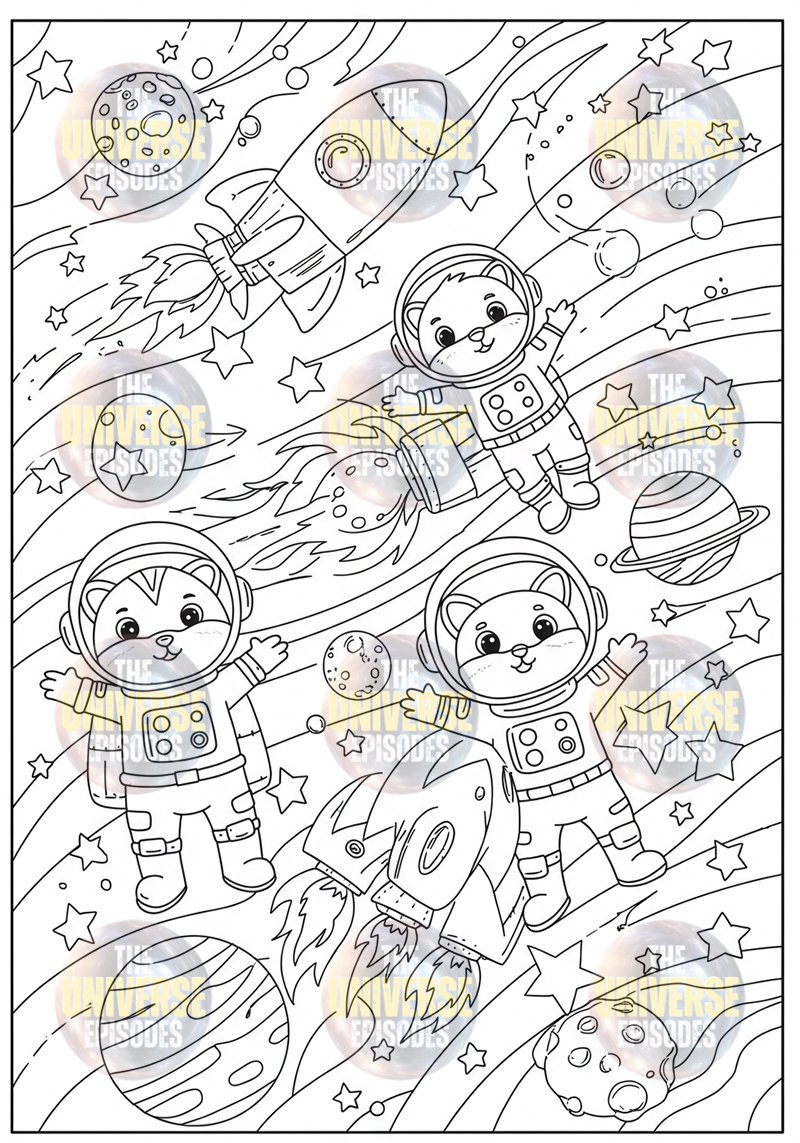 Three cartoon astronauts and rocket ships float among planets, comets, and stars against a wavy cosmic backdrop in this vibrant scene from "Free Galaxy Space Coloring Pages," available as 37 digital files for download.