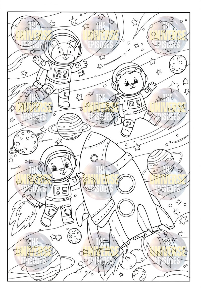 Three animals in spacesuits float through space with planets, stars, and a rocket, making these pages perfect for Galaxy Space Coloring enthusiasts. Get inspired with our free download of 37 digital files from the Free Galaxy Space Coloring Pages collection.