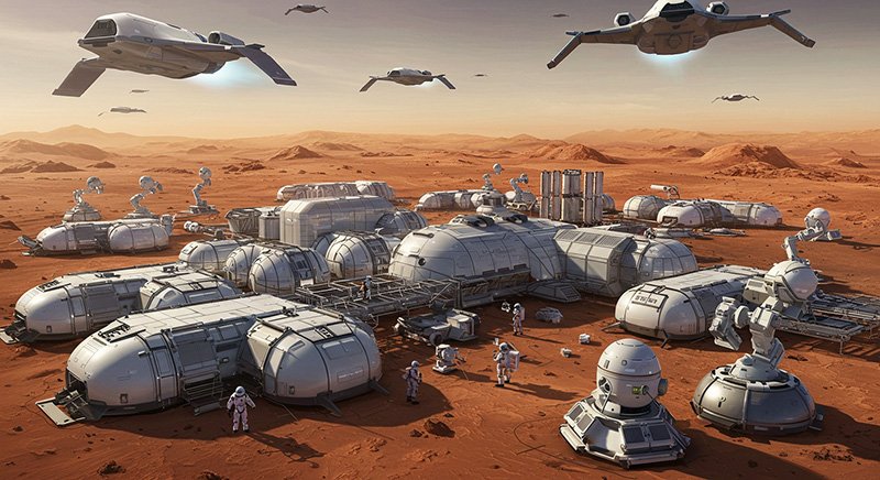 SpaceX | Pioneering the Future of Space Travel 3 A futuristic Martian colony with several dome structures, flying drones, astronauts, and robotic equipment on a barren red landscape.