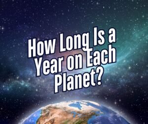 Text reading "How Long Is a Year on Each Planet?" over a space background with Earth partially visible at the bottom.