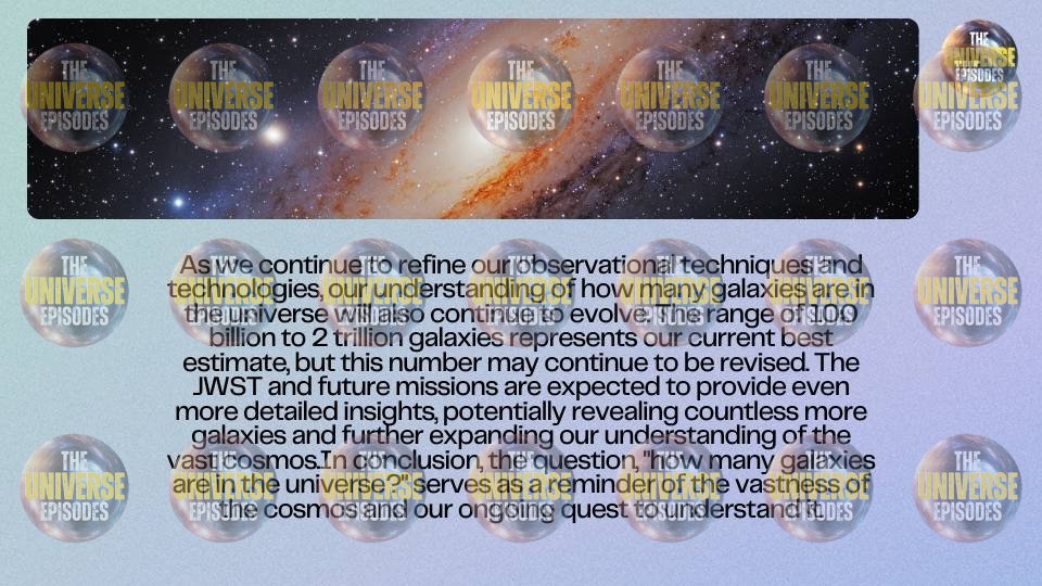 A blurred galaxy background with "The Universe Episodes" logos illustrates the PDF "How many galaxies are in the universe?" Dive into cosmic insights exploring galaxy counts and cosmic vastness, now available for free download.