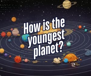 Illustration of the solar system with planets labeled. A large text reads, "How is the youngest planet?.