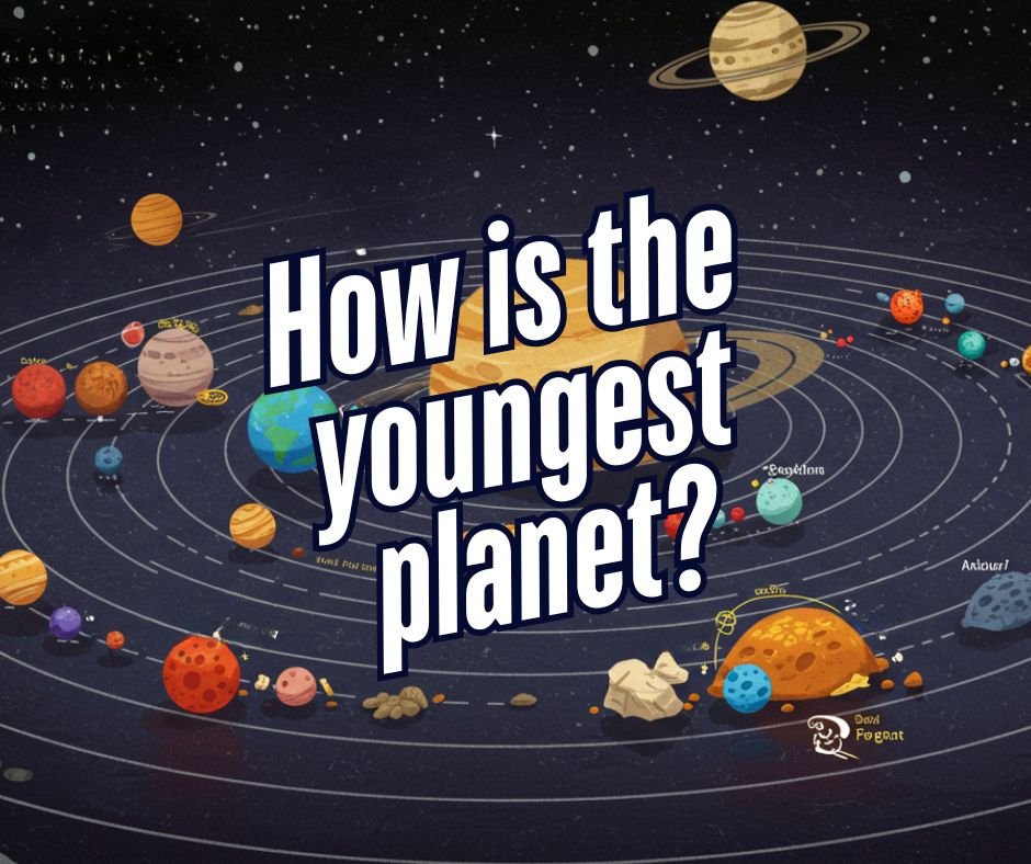 Illustration of the solar system with planets labeled. A large text reads, "How is the youngest planet?.