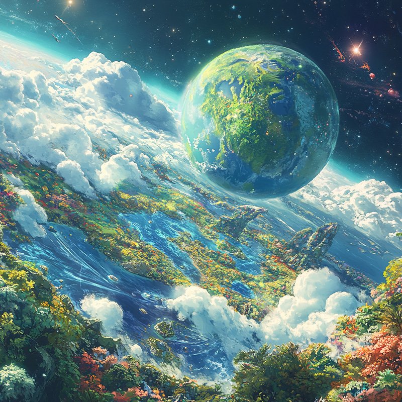 Colorful, fantastical landscape with a lush, vibrant planet amidst swirling clouds and stars, reminiscent of an otherworldly paradise.