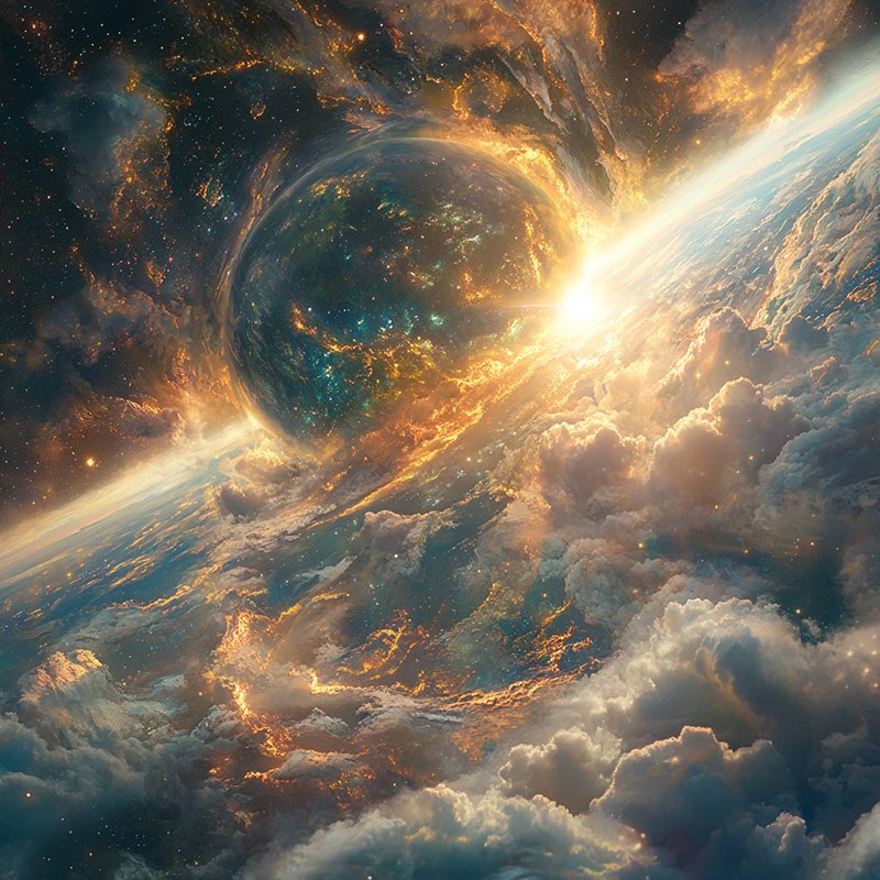 A vivid cosmic scene with a planet in the background, surrounded by bright glowing clouds and a radiant light, suggesting a sunrise or explosion in space.