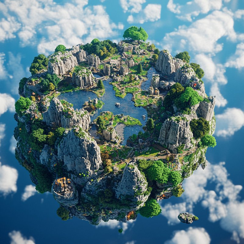 Floating spherical island with rocky terrain, lush greenery, and water bodies, surrounded by a cloudy sky.