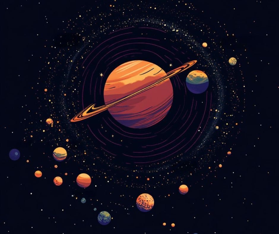 Illustration of a stylized solar system with a large, ringed central planet surrounded by multiple smaller planets against a dark background.