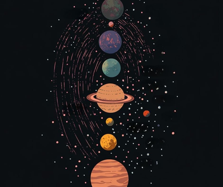 Illustration of planets arranged vertically against a black background, featuring abstract patterns and scattered small celestial bodies.