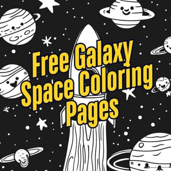 Check out our rocket illustration amid smiling planets and stars, with "Free Galaxy Space Coloring Pages" highlighted in bold yellow. Available as a 37 Digital Files Download for limitless cosmic creativity.