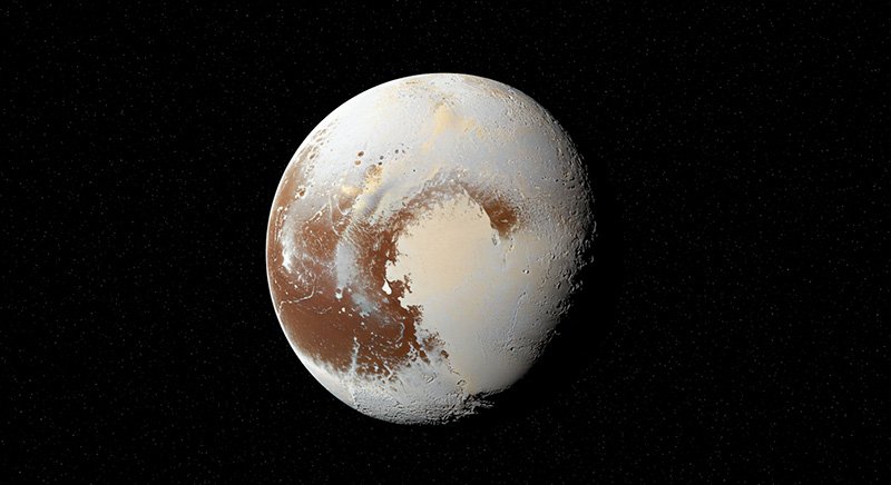 Image of the dwarf planet Pluto against a black space background, showing a mottled surface with shades of white and brown, and a heart-shaped bright area.