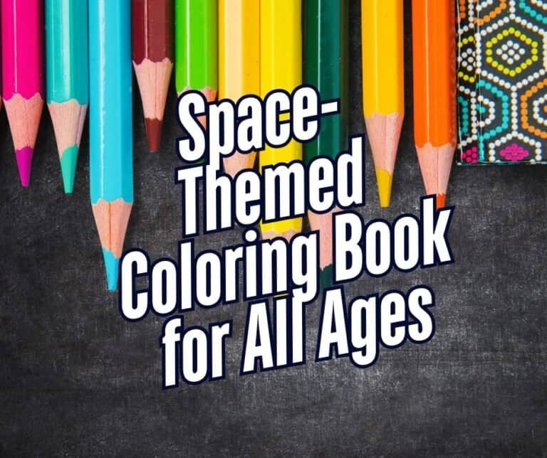 Colored pencils and book cover gleam with the title "Space-Themed Coloring Book for All Ages" against a dark backdrop, inviting creativity across generations. Perfect for anyone keen on exploring cosmic artistry.
