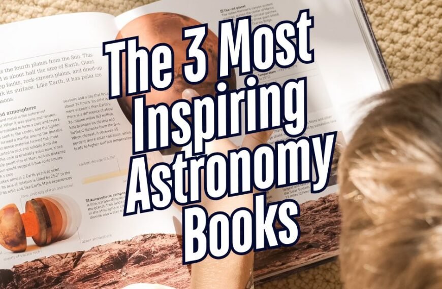 A young reader sits on a cozy carpet, immersed in an inspiring book about astronomy. Text overlay: "The 3 Most Inspiring Astronomy Books.