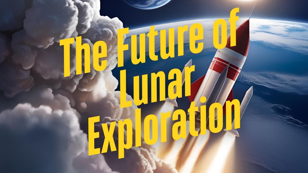 A rocket launching into space with Earth in the background symbolizes "The Future of Moon Missions.