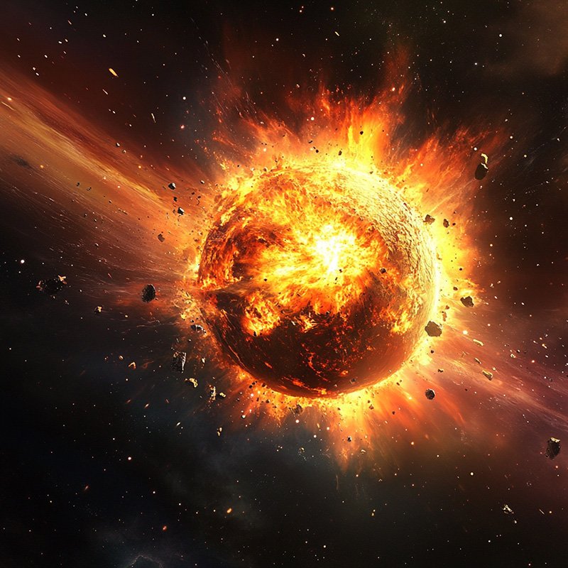 A fiery, exploding planet or celestial body surrounded by debris and space, with bright orange and yellow flames.