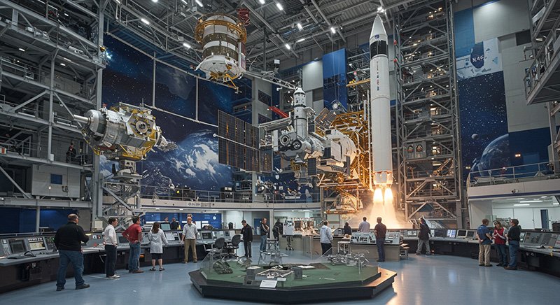 Indoor space exhibit with rockets and satellites suspended. Visitors observe displays and interactive panels in a spacious hall with a large space-themed mural.