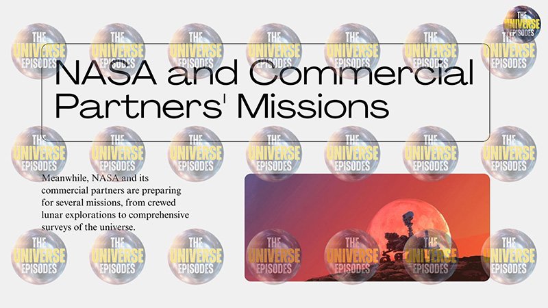 Text reads "NASA and Commercial Partners' Missions," describing their space exploration collaboration, overlaid on circular images titled "What will happen in 2025 in space?" offering a glimpse into the future beyond 2025.