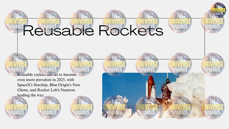 Discover how reusable rockets are transforming space exploration in 2025 and beyond with "What will happen in 2025 in space?" Explore future events where imagination meets reality, featuring an image of a launching rocket surrounded by "The Universe Episodes" logos.