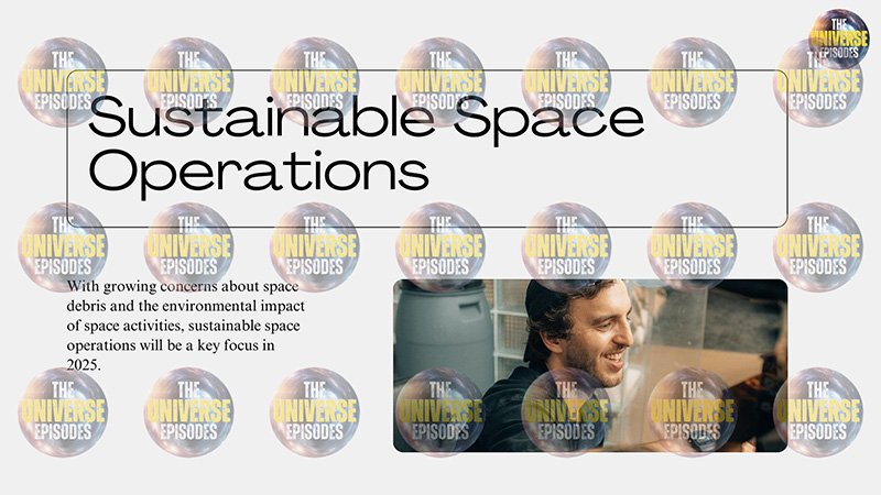 The text says "Sustainable Space Operations" alongside a blurb about space sustainability and future 2025 events, featuring an image of a smiling person. The backdrop is "The Universe Episodes" logos, highlighting our dedication to a sustainable space future with the product: What will happen in 2025 in space?.