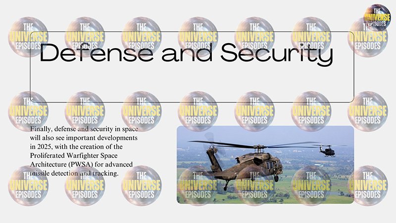 Text reading "Defense and Security" against images of helicopters with text bubbles saying "What will happen in 2025 in space?" hints at the future of space exploration.