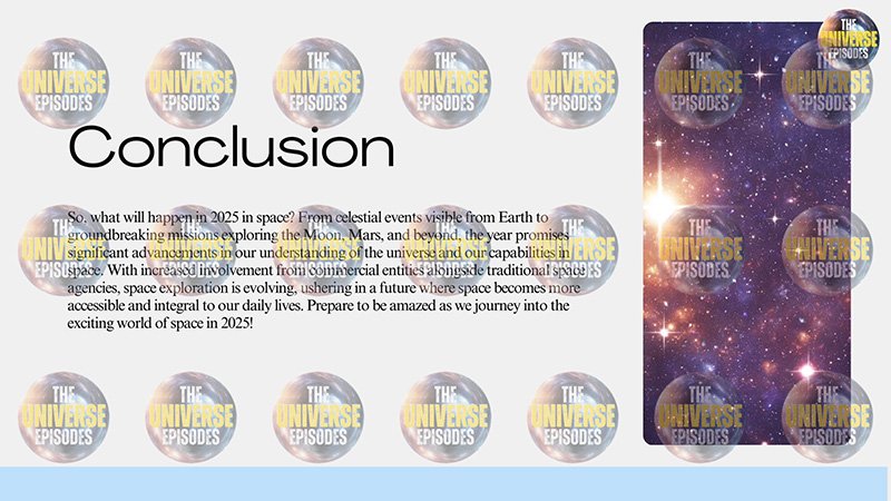 The "Conclusion" text slide titled "What will happen in 2025 in space?" explores the future of space, featuring a starry sky image overlaid by "The Universe Episodes" logos.