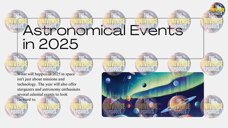 Text displays "What will happen in 2025 in space?" featuring images of planets and auroras. The backdrop is filled with "THE UNIVERSE EPISODES" logos, suggesting exhilarating previews of unprecedented space events in 2025.