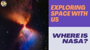 A colorful nebula with text saying "Exploring Space with Us" and "Where is NASA?" in bold letters.