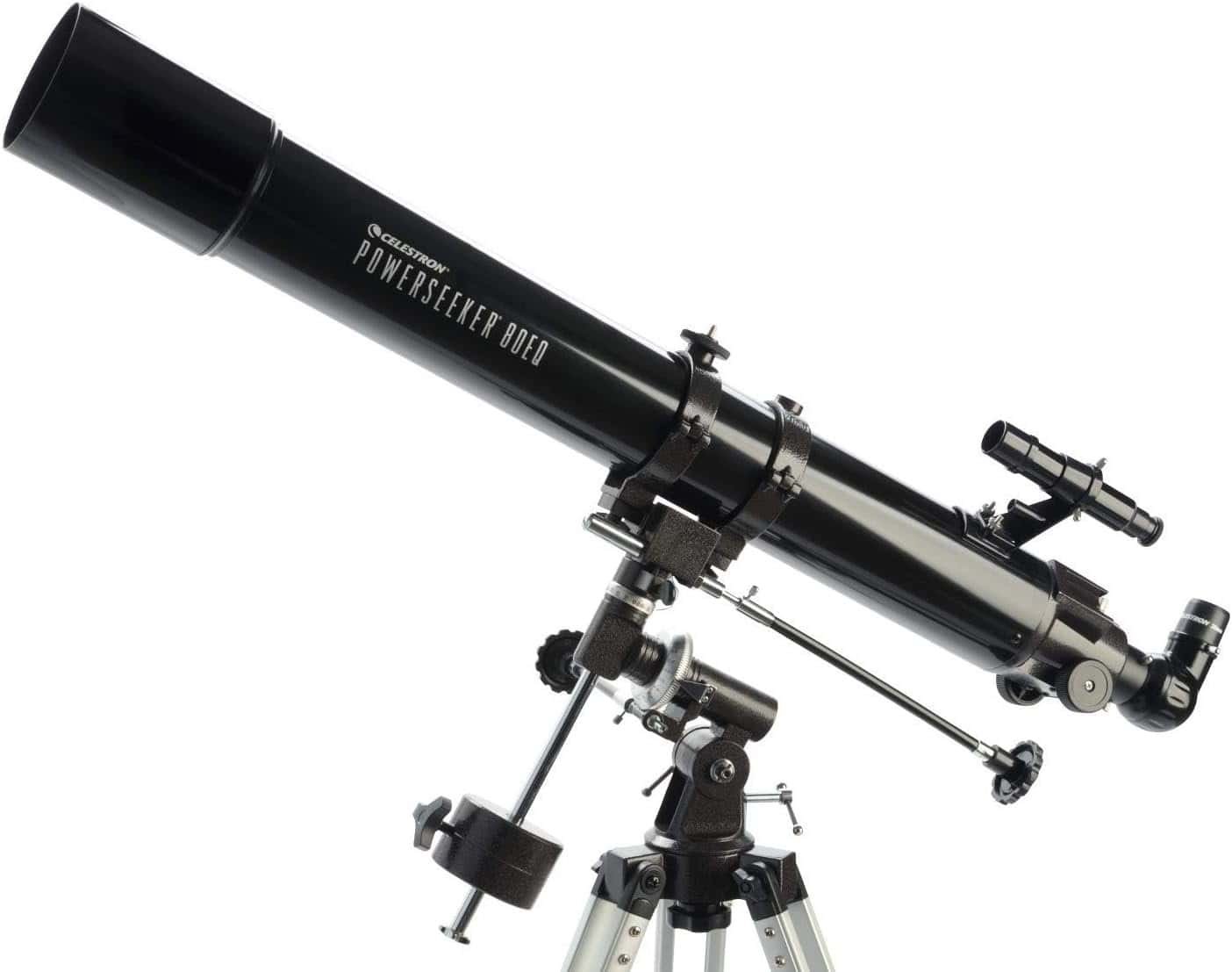 A black Celestron PowerSeeker 80EQ refractor telescope is mounted on a tripod with an attached finderscope and adjustment knobs visible.