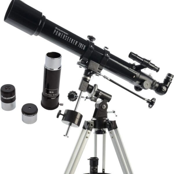 A black Celestron PowerSeeker 70EQ telescope mounted on a tripod, with two eyepieces and a 3x Barlow lens displayed beside it.