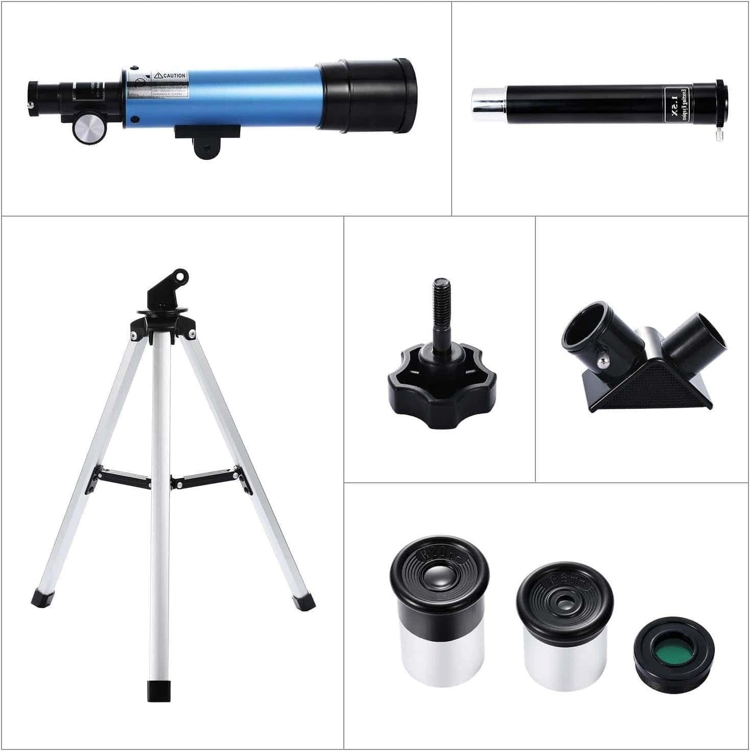 A blue and black telescope set with tripod, two eyepieces, a finder scope, diagonal mirror, adapter, and lens, arranged separately on a white background.