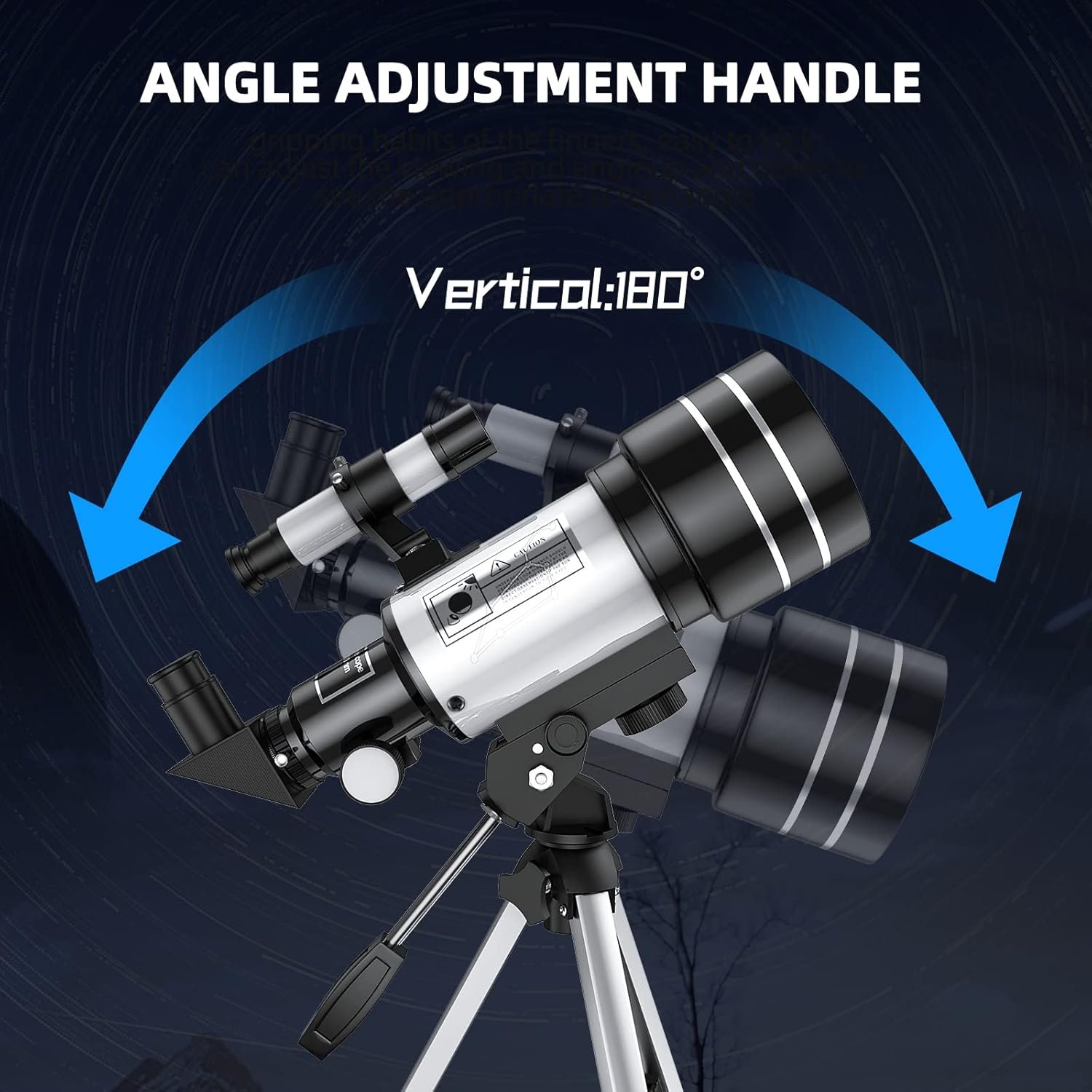 A telescope mounted on a tripod with an angle adjustment handle, showing its ability to tilt vertically up to 180 degrees.