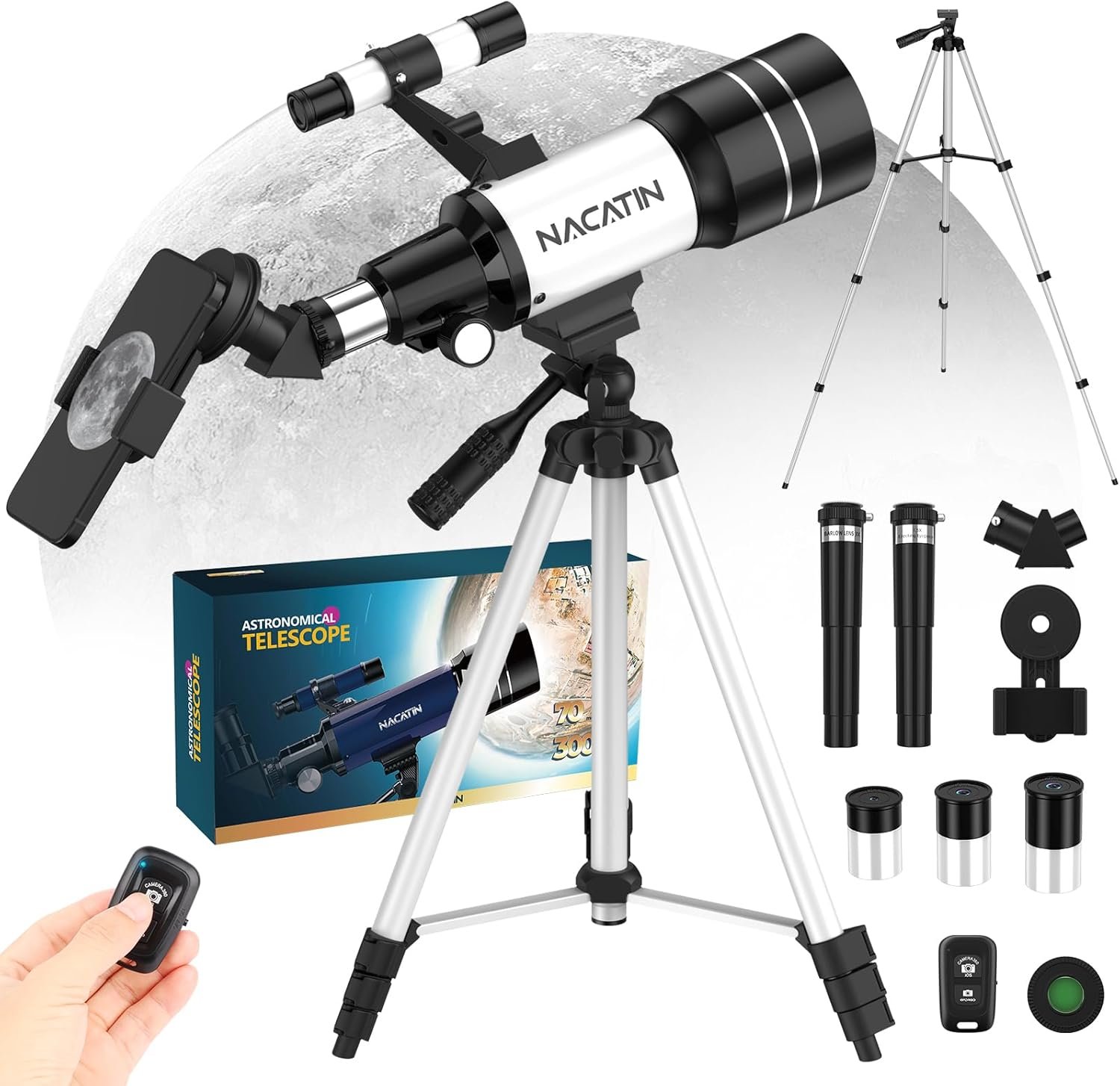 Telescope set with tripod, smartphone holder, eyepieces, finderscope, and remote control in front of a moon backdrop. Packaging box for the telescope is also shown.