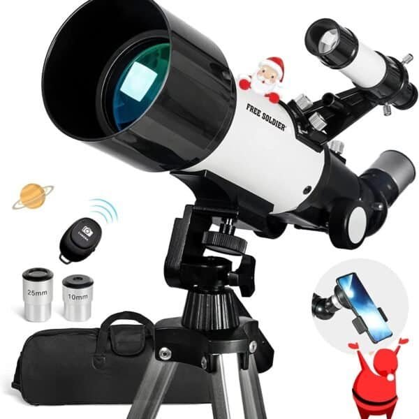 The black and white BrandName Telescope for Adults has a 70mm aperture, 400mm focal length, tripod, two eyepieces, carrying bag, smartphone adapter, remote, and features cartoon Saturn, Santa, and a red reindeer.