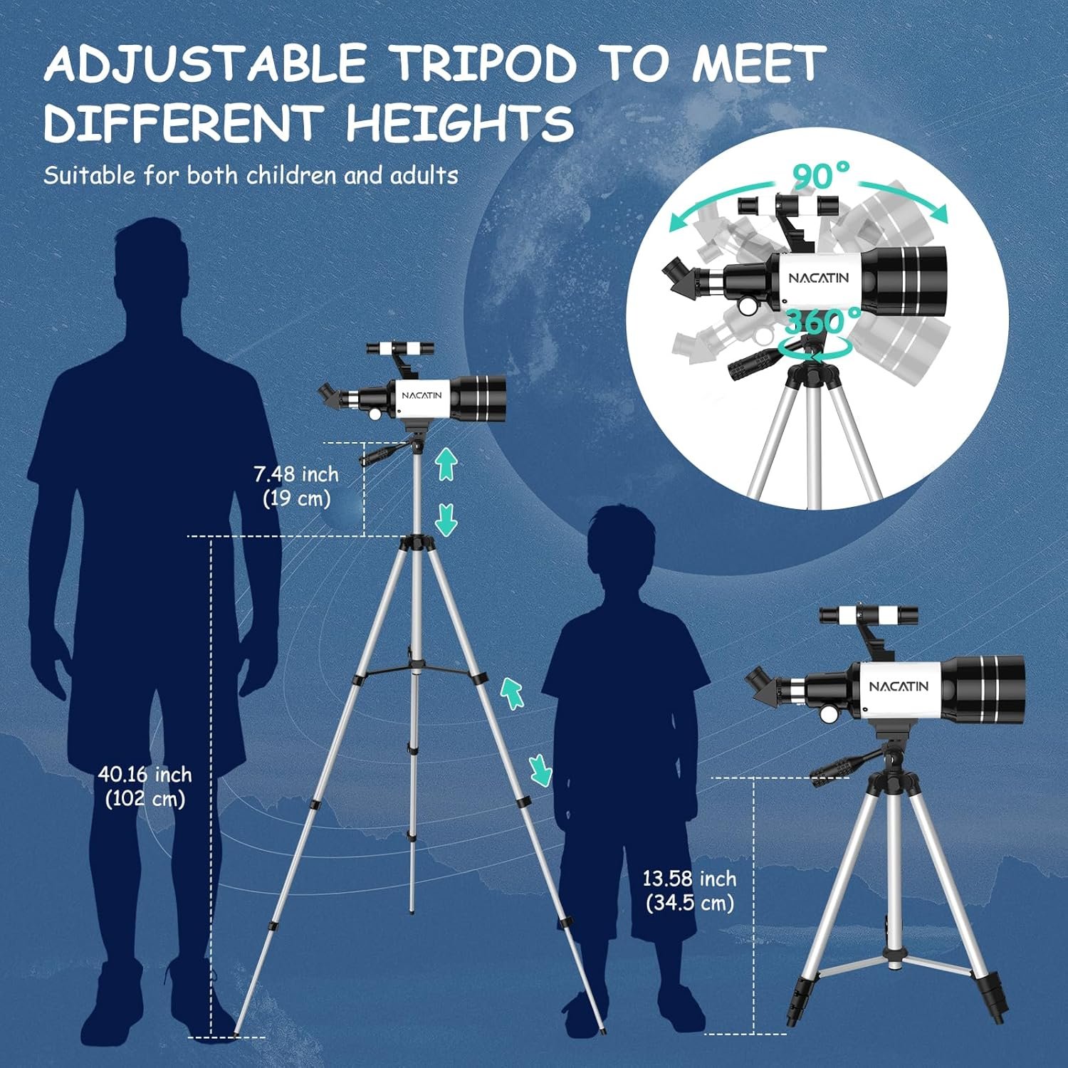 Diagram showing an adjustable telescope tripod with heights for adults and children. Includes a silhouette of an adult and child for scale, and a rotating telescope feature.