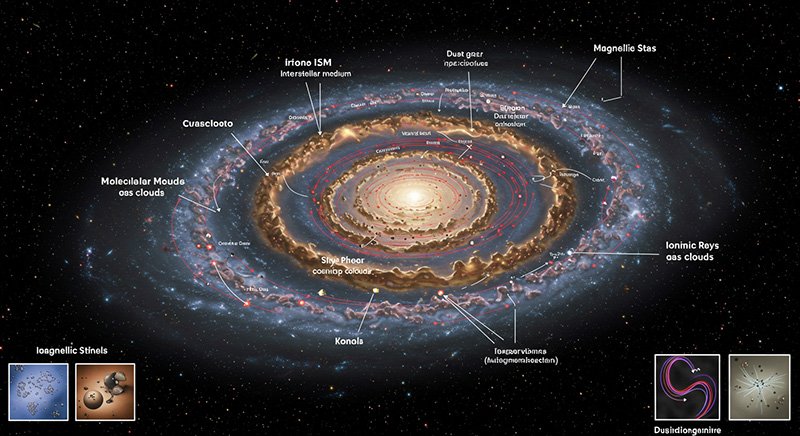 What is the Interstellar Medium (ISM)? 6 Illustrated diagram of the Milky Way galaxy labeling key features like the spiral arms, molecular clouds, dust lanes, ionized regions, and galactic center, with inset images of interstellar objects.